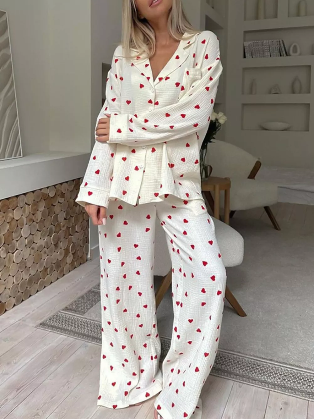 Heart Print Long Sleeve Top and Pants Lounge Set, image 2
