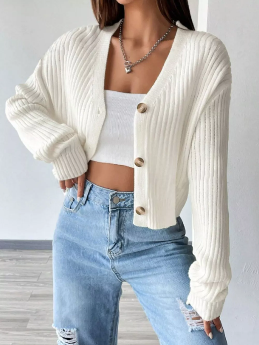 Ribbed Knit Button-Up Cropped Cardigan, image 3