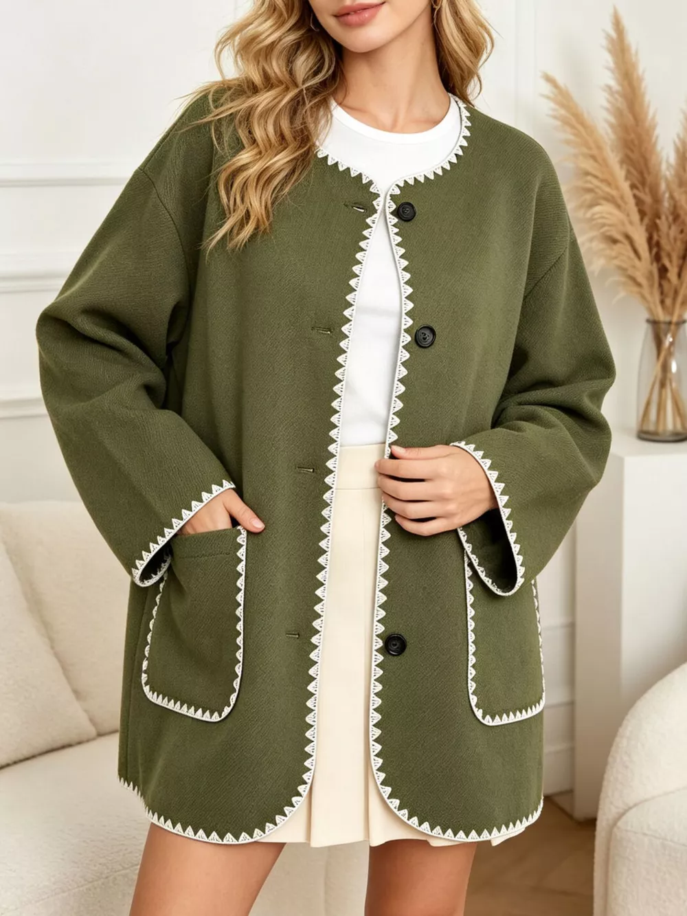 Contrast Trim Button-Front Outerwear