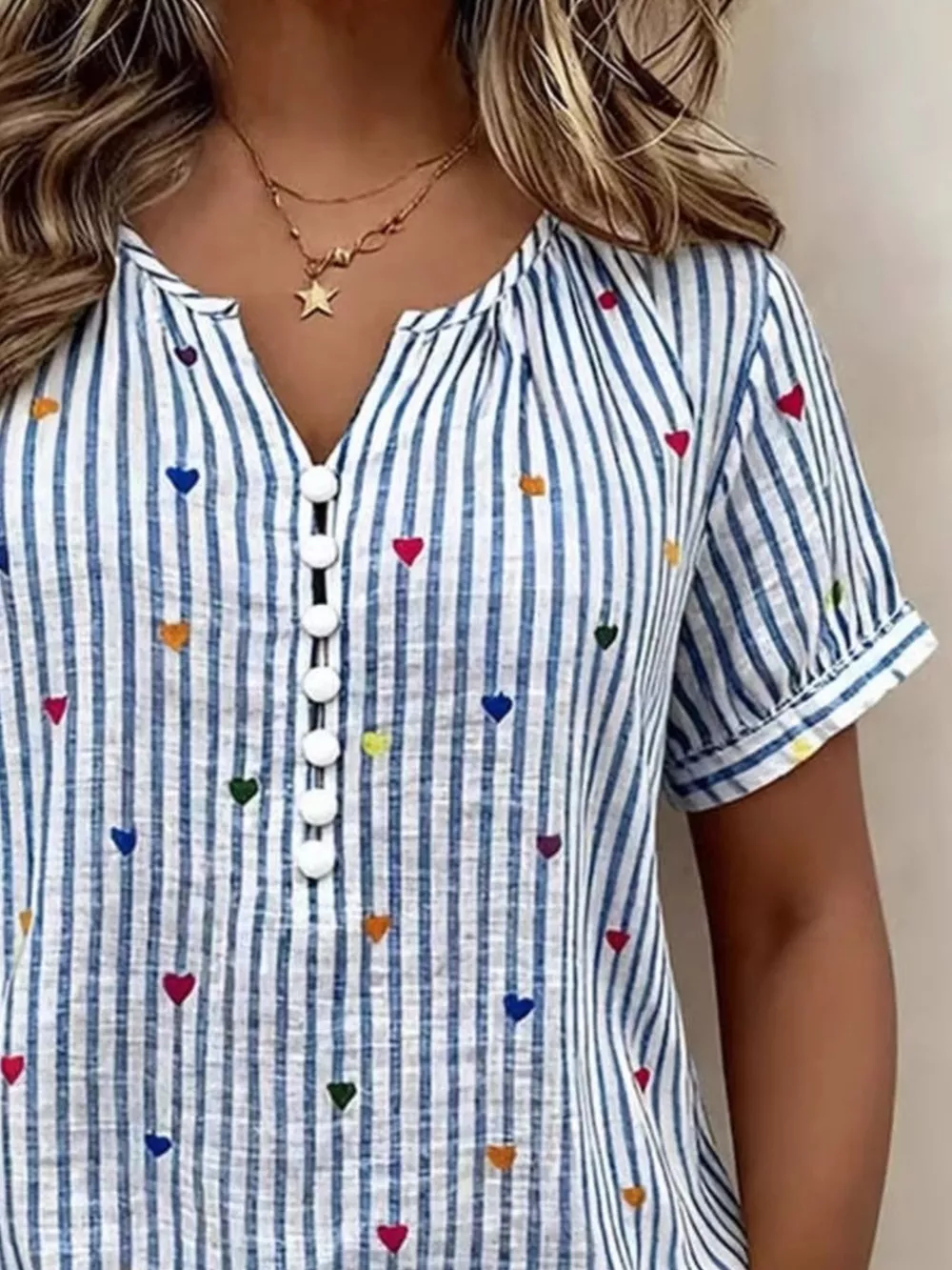 Full Size Heart Striped Short Sleeve Blouse Plus Size, image 4