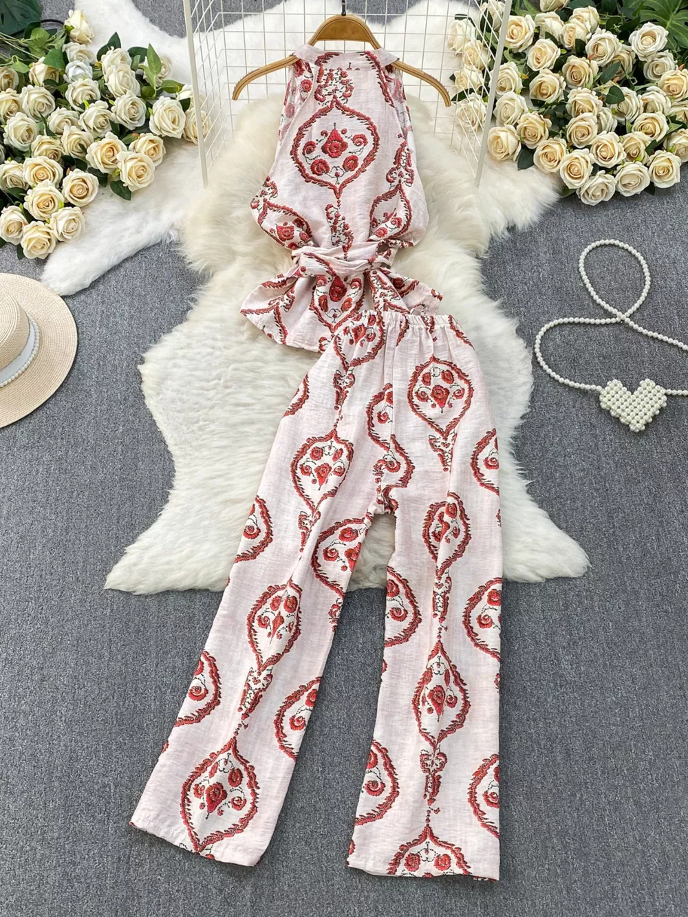 Printed Sleeveless Top and Wide Leg Pants Set, image 23