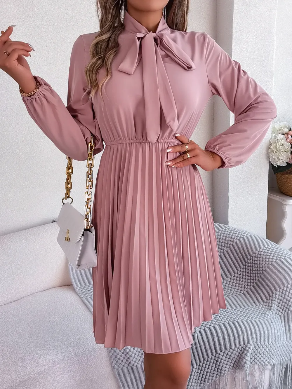 Tie Neck Balloon Sleeve Pleated Dress, image 6