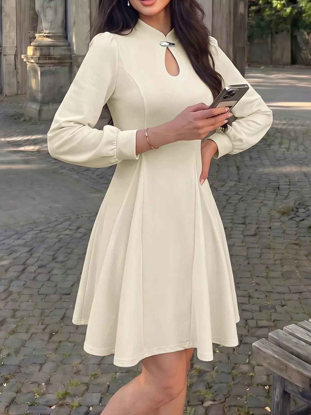 Keyhole Neckline Long Sleeve A-Line Mini Dress, image 3