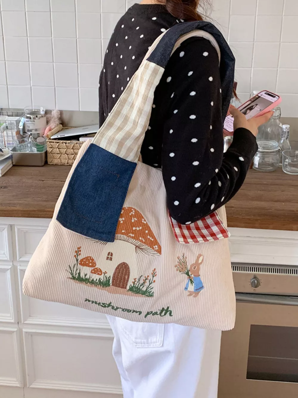 Mushroom Corduroy Tote Bag, image 17