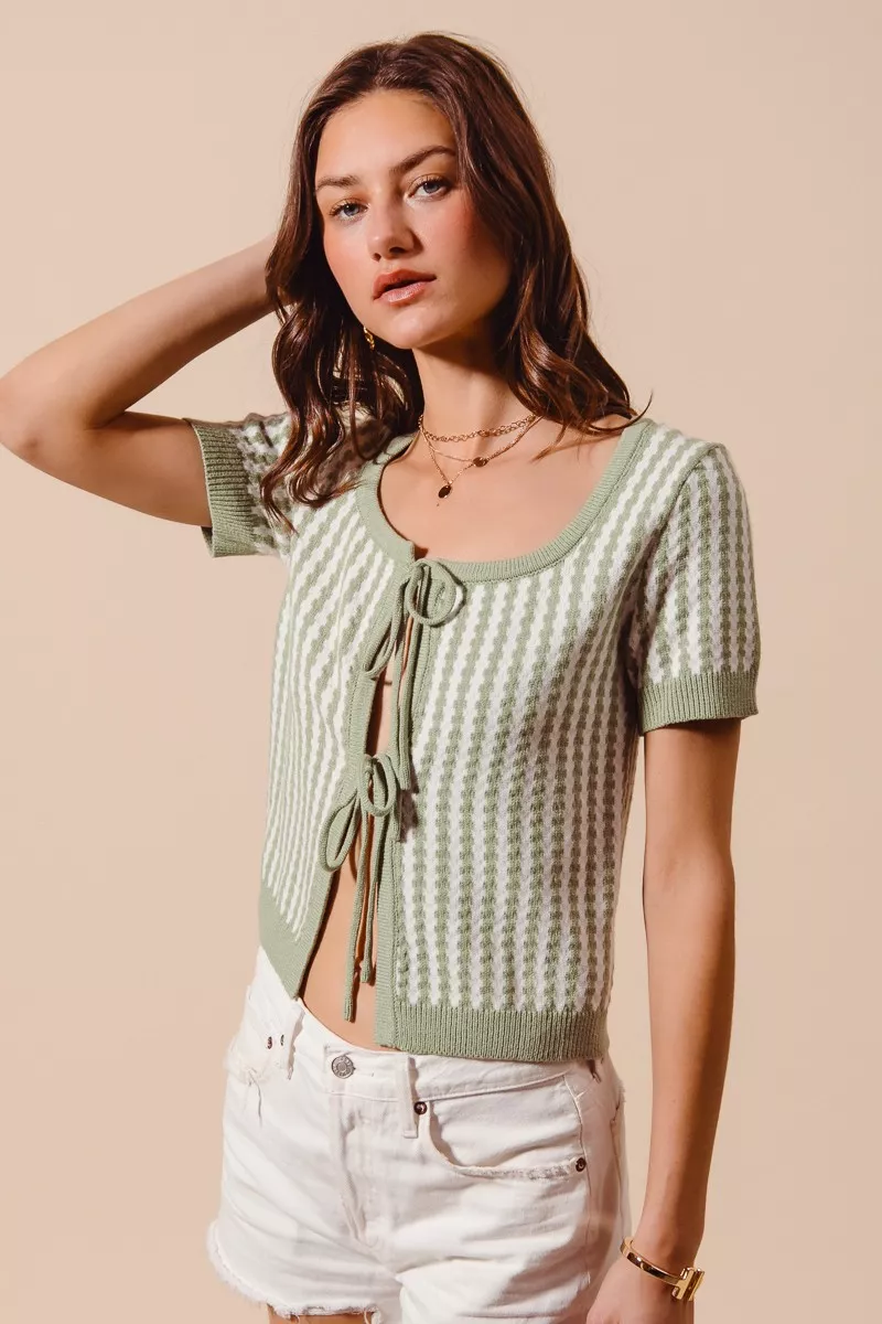 Tie Front Textured Vertical Stripe Knit Cardigan, image 8