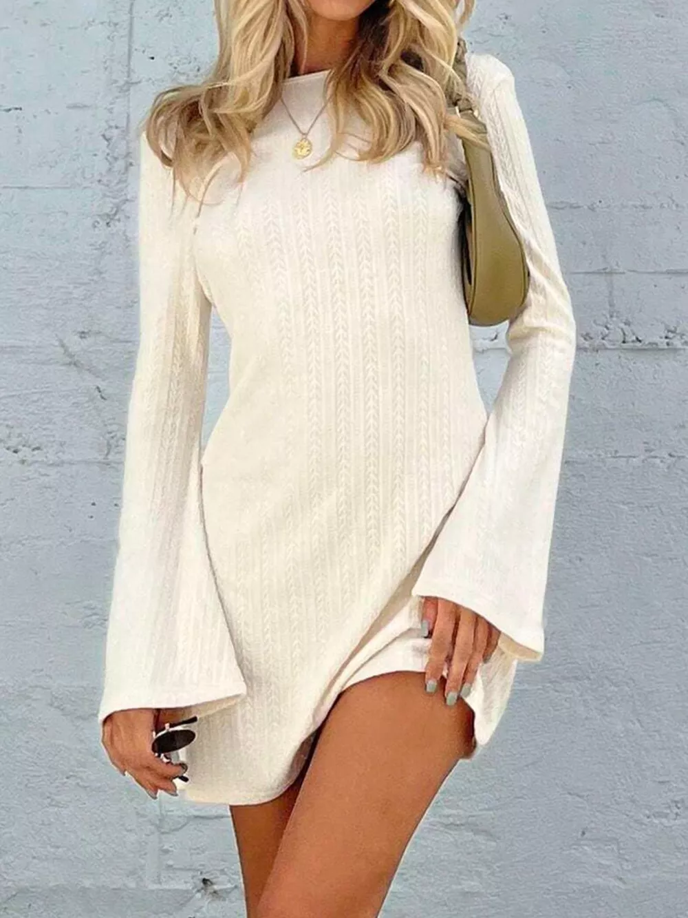 Backless Round Neck Long Sleeve Mini Dress, image 3