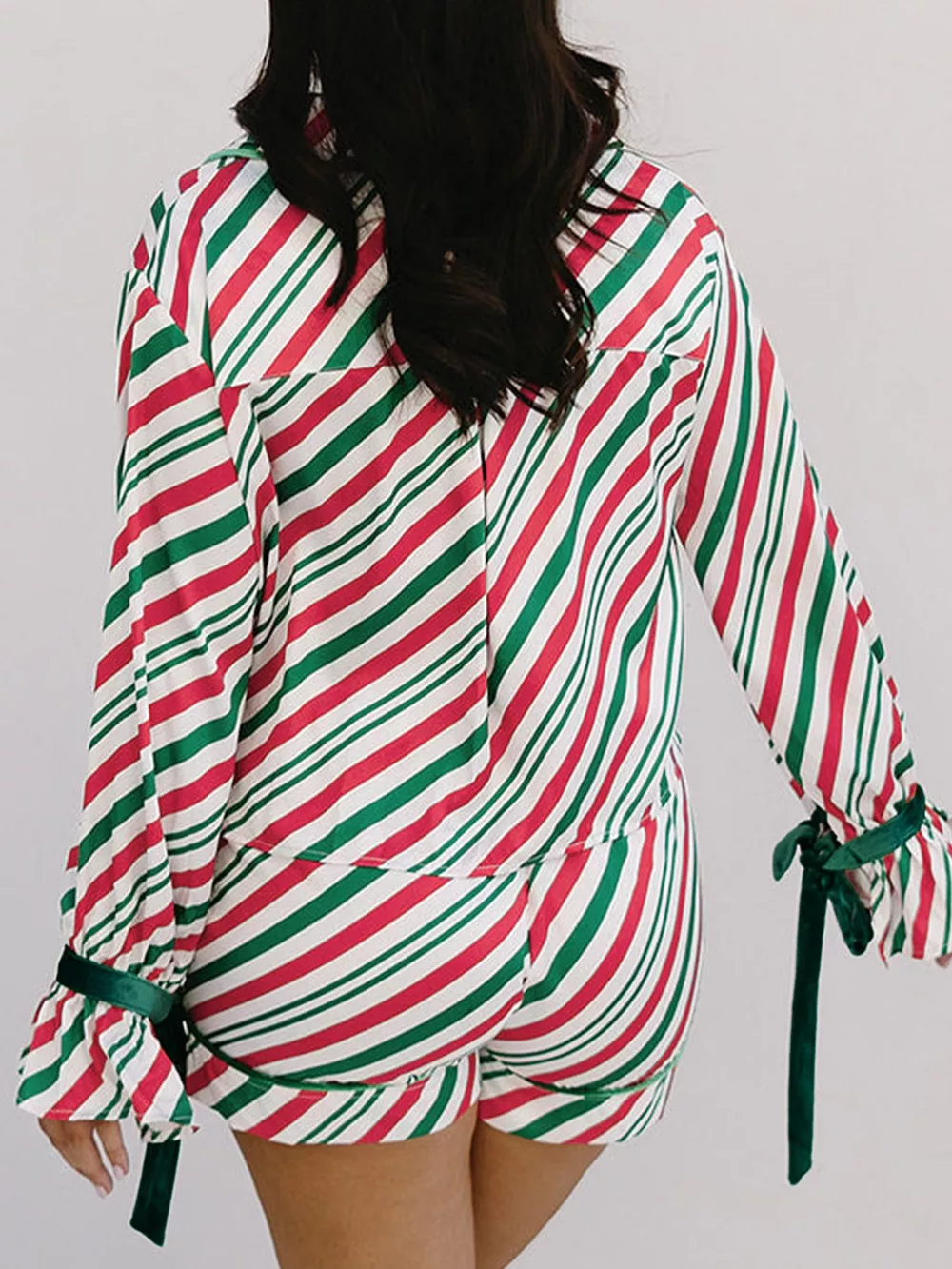 Stripe Contrast Velvet Ribbon Knot Christmas 2pcs Pajama Set, image 2
