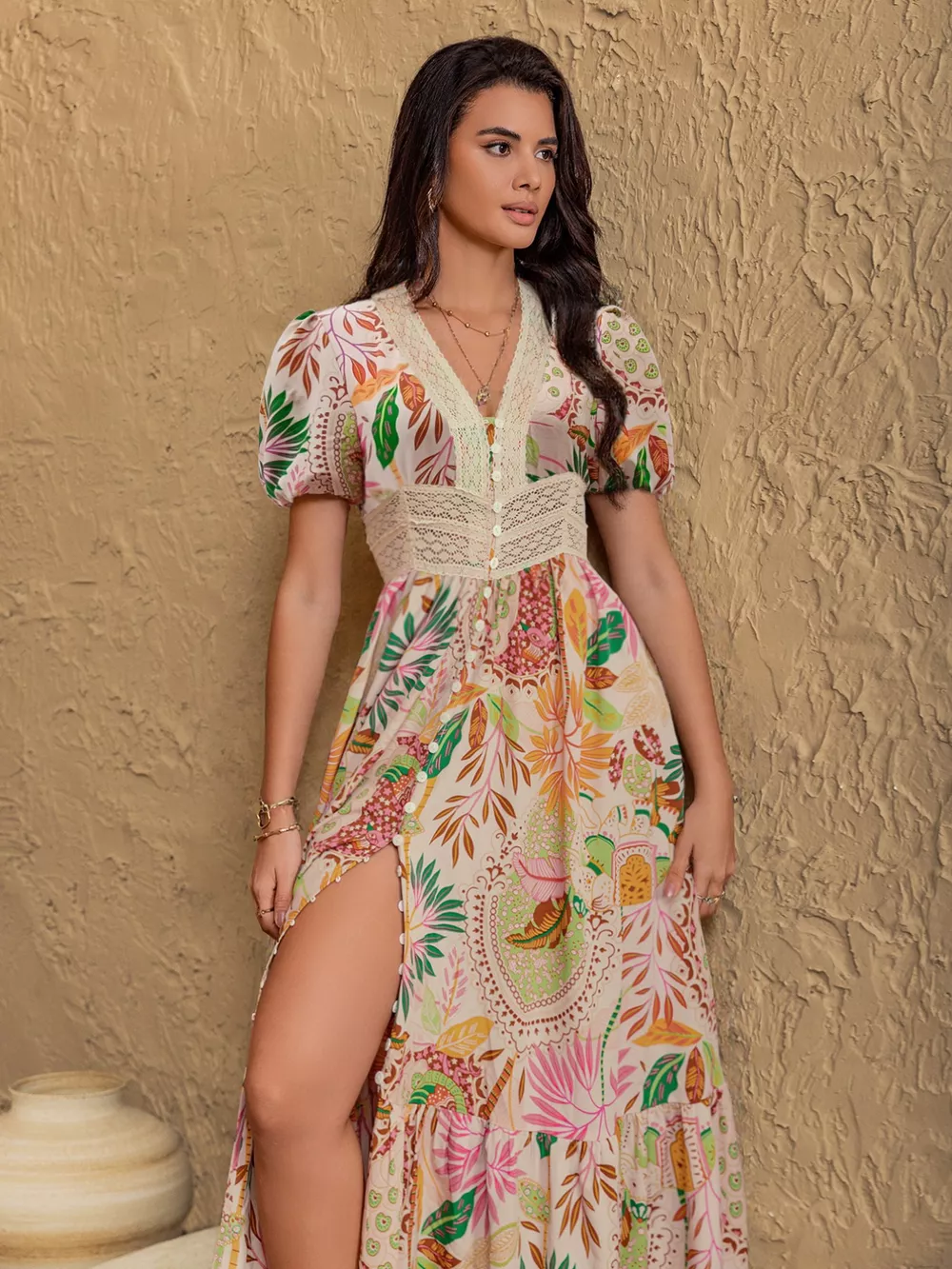 Lace Trim Floral Print Puff Sleeve Dress, image 2