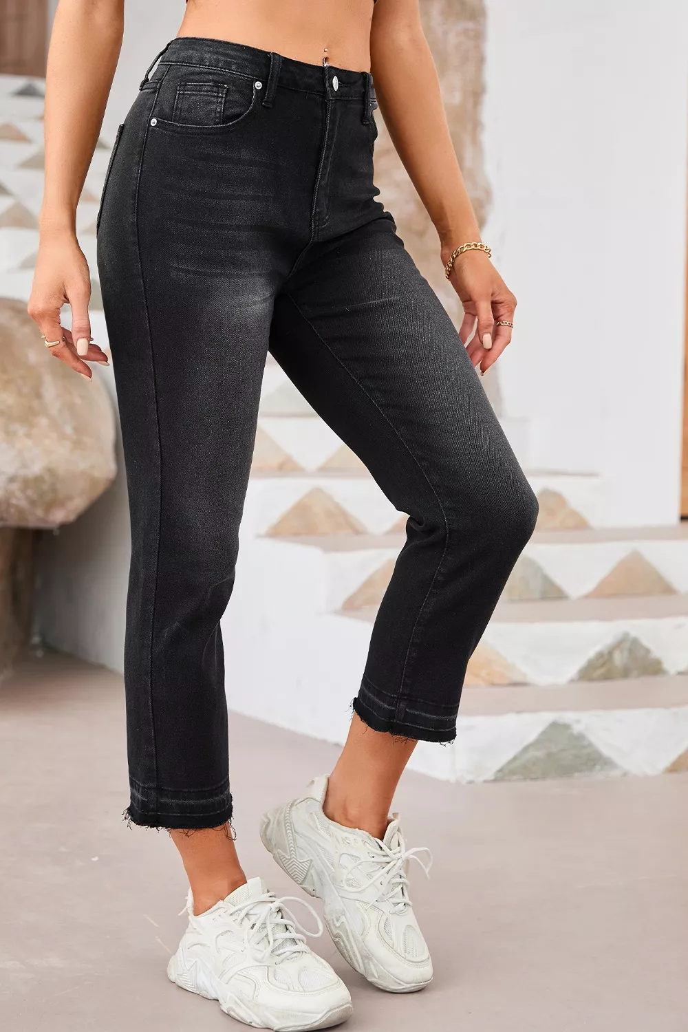 High-Waisted Distressed Hem Straight Leg Jeans, image 6