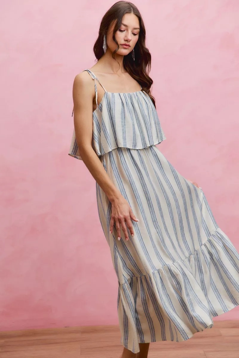 Stripe Tiered Shoulder Tie Midi Lined Dress, image 9