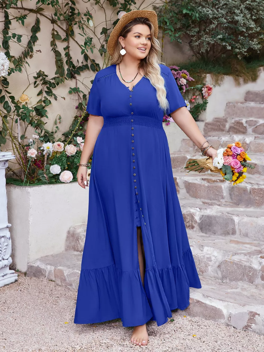 Plus Size Ruffled Hem V-Neck Maxi Dress, image 2