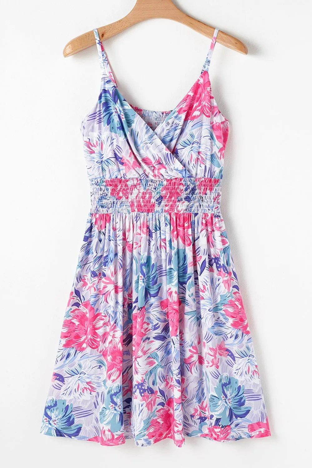 Floral Spaghetti Strap Surplice Neck Shirred Waist Mini Dress, image 5