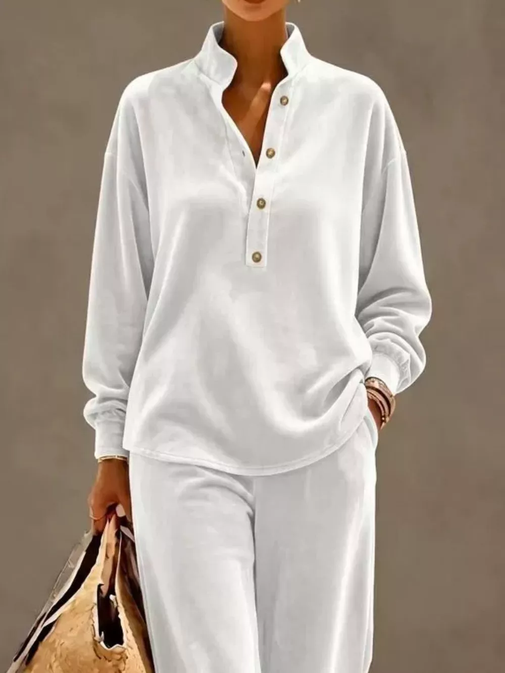 Full Size Half Button Top and Wide Leg Pants Set Plus Size, image 16