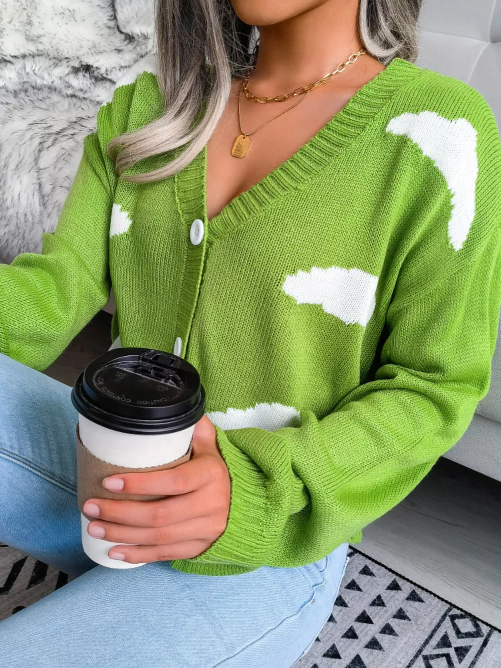 Cloud Pattern Button-Up Cropped Cardigan, image 7