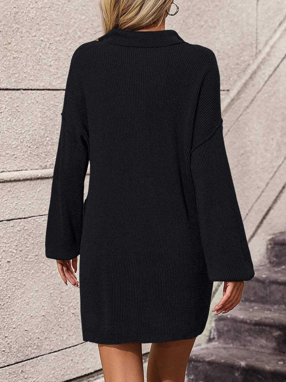 Collared Neck Long Sleeve Sweater Dress with Pockets, image 13