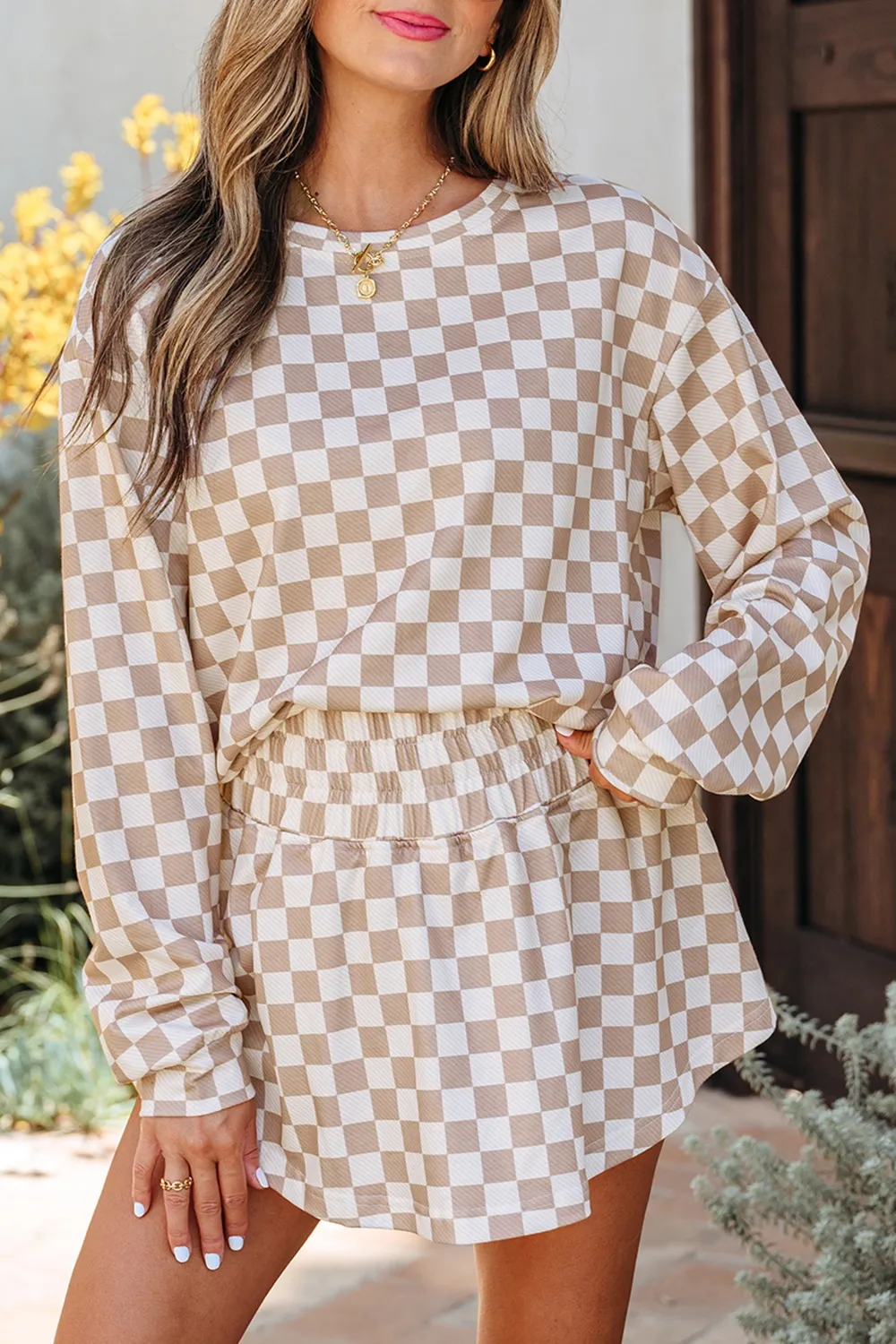 Checkered Long Sleeve Top and Skirt Two-Piece Set, image 4