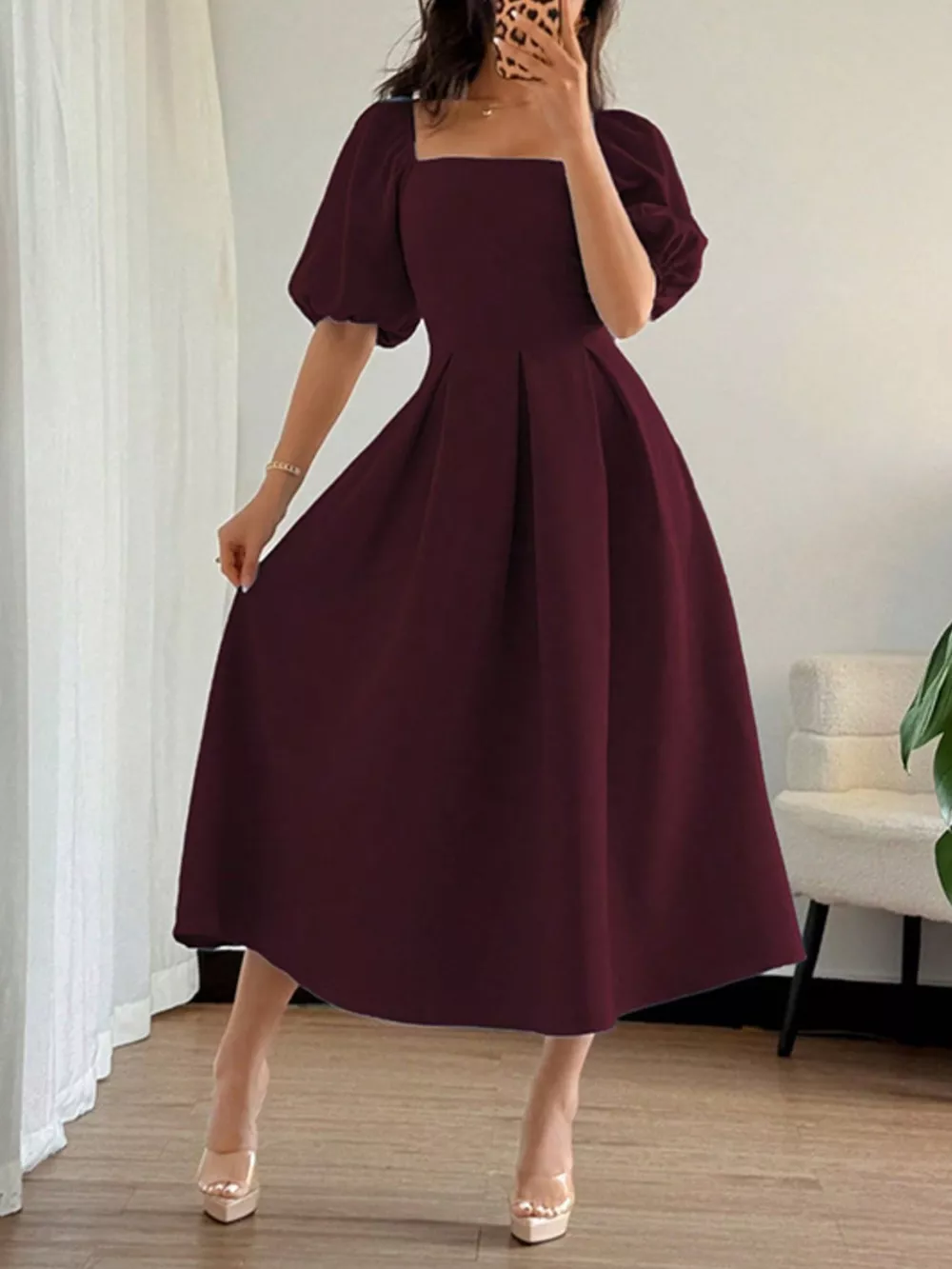 Square Neck Flutter Sleeve Midi Dress, image 5
