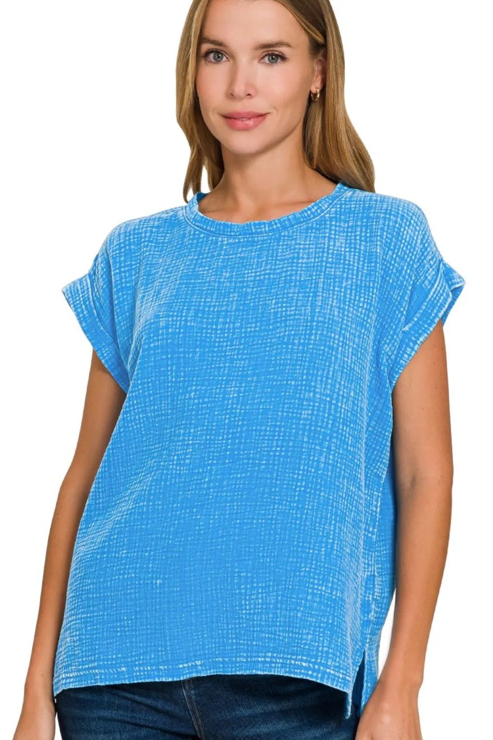 Woven Double Gauze Acid Washed Short Sleeve Top, image 3