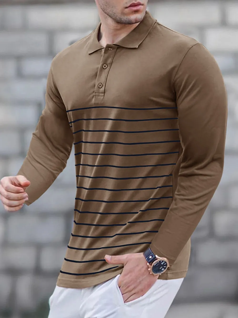 Men's Striped Long Sleeve Polo Shirt, image 10
