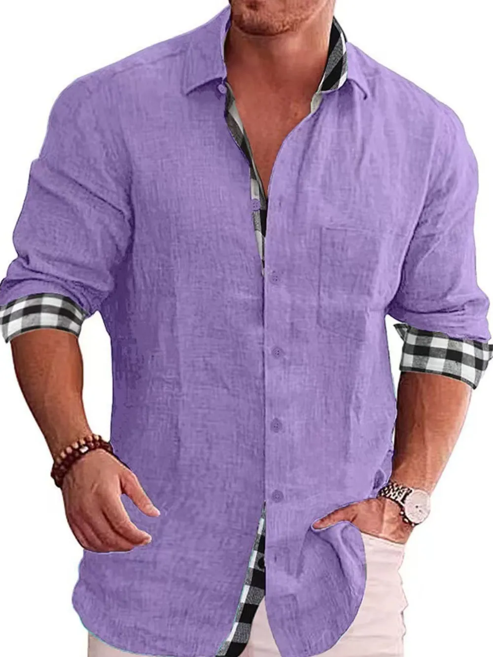 Men's Full Size Casual Linen Plaid-Trim Button Down Shirt Plus Size, image 6