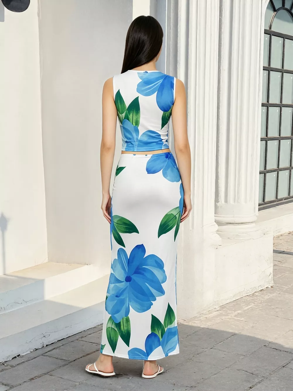 Floral Print Sleeveless Crop Top & Bodycon Maxi Skirt Set, image 5