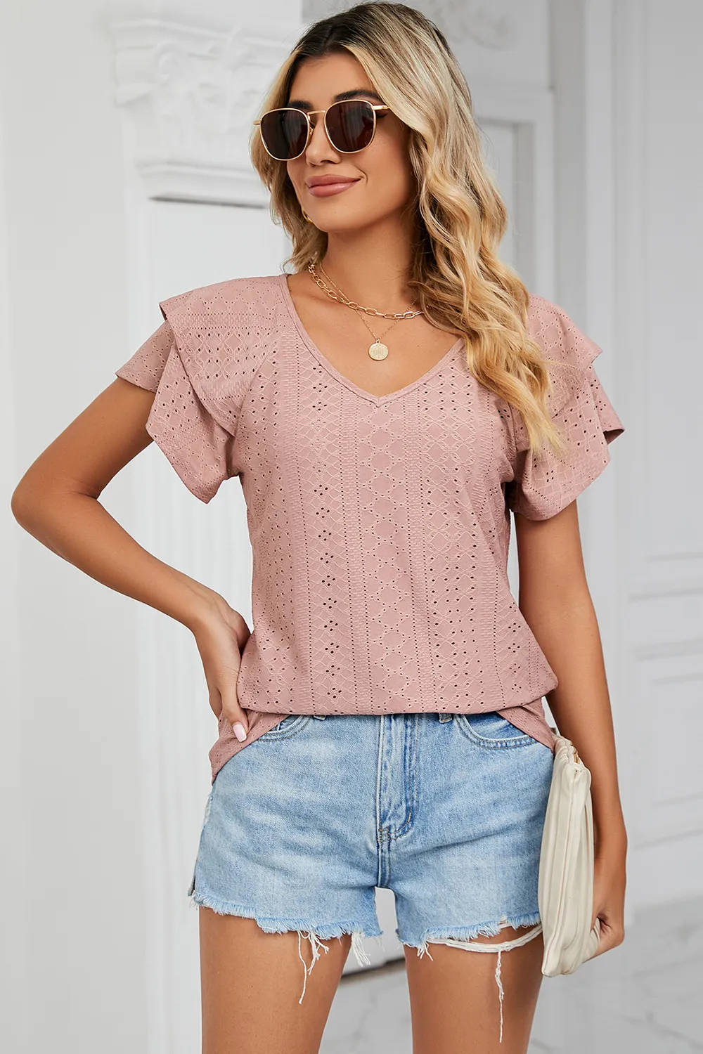 Eyelet V-Neck Short Sleeve T-Shirt, image 19