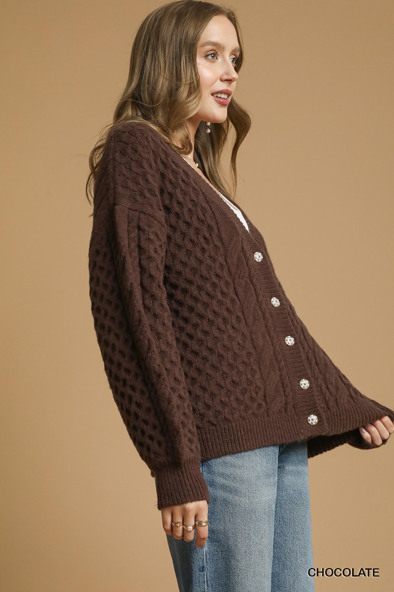 Cable Knit Pearl Button Cardigan, image 2