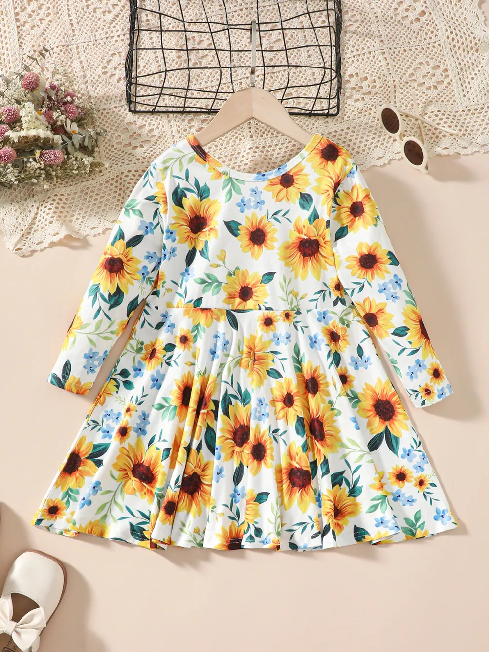 Kids Sunflower Print Round Neck Long Sleeve Dress, image 2