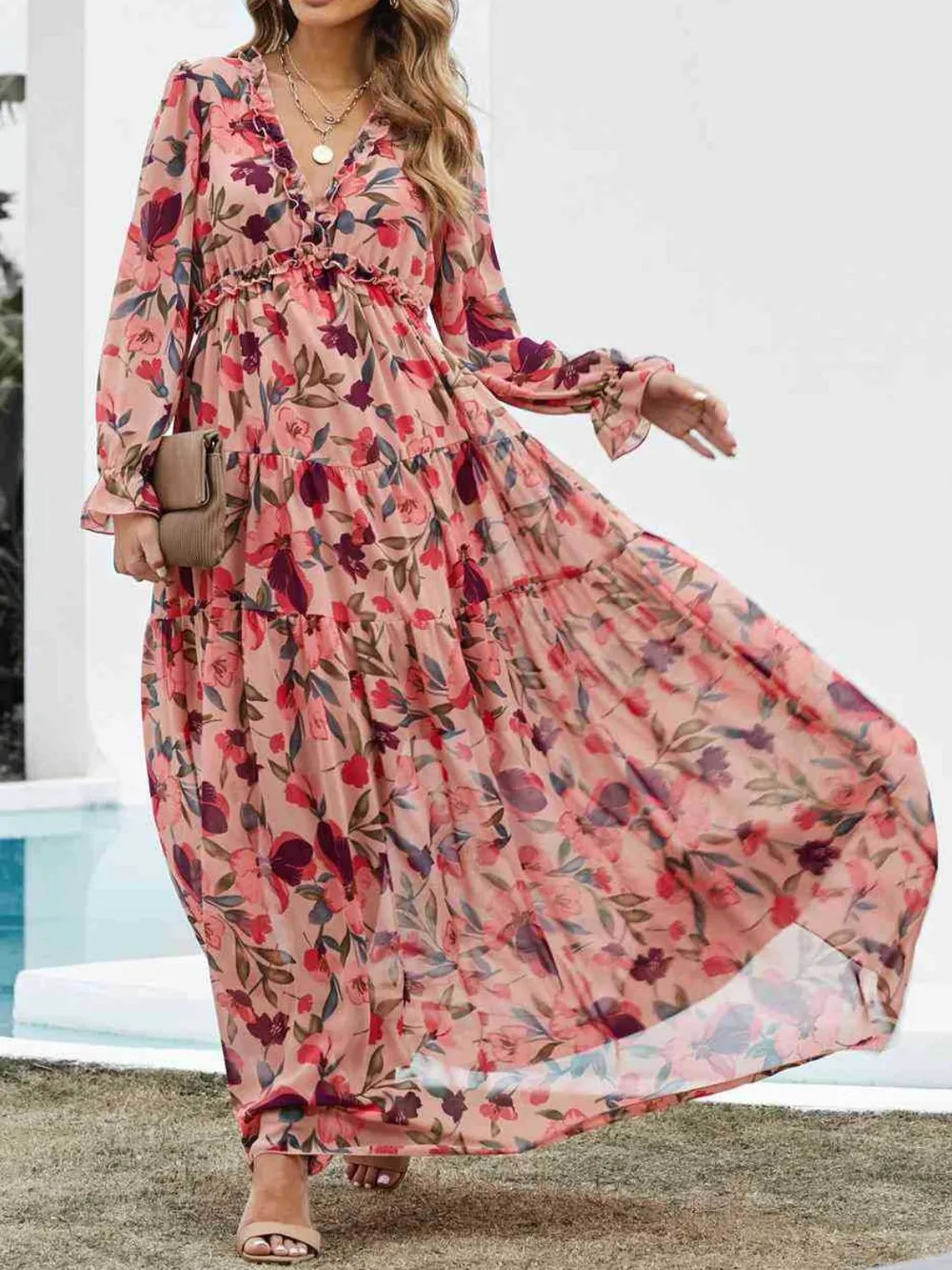 Frill Printed V-Neck Flounce Sleeve Dress, image 3