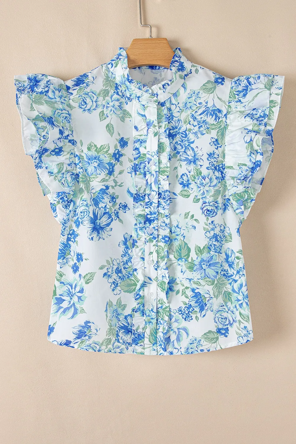 Floral Print Ruffle Sleeve Frilly Button Up Shirt, image 3