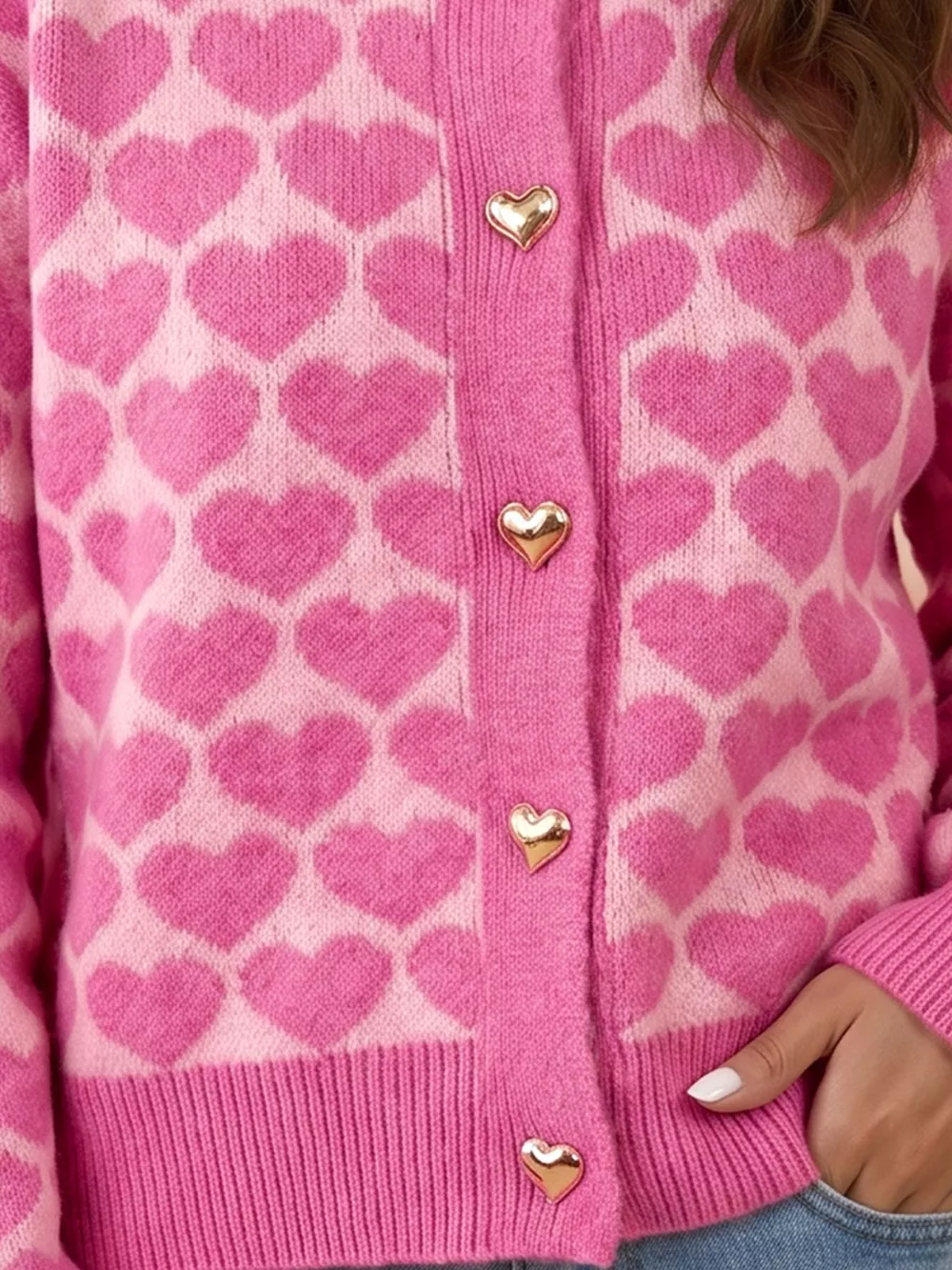 Heart Pattern Drop Shoulder Long Sleeve Button Front Cardigan, image 3