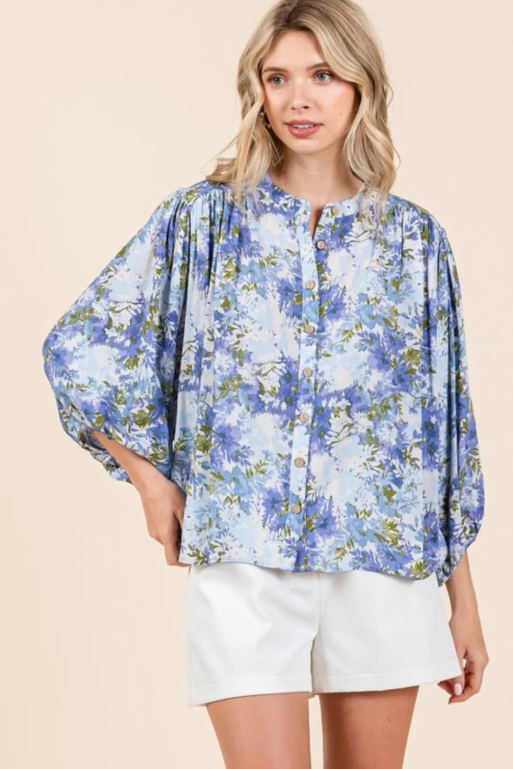 Flower Print Batwing Sleeve Button Down Blouse, image 5