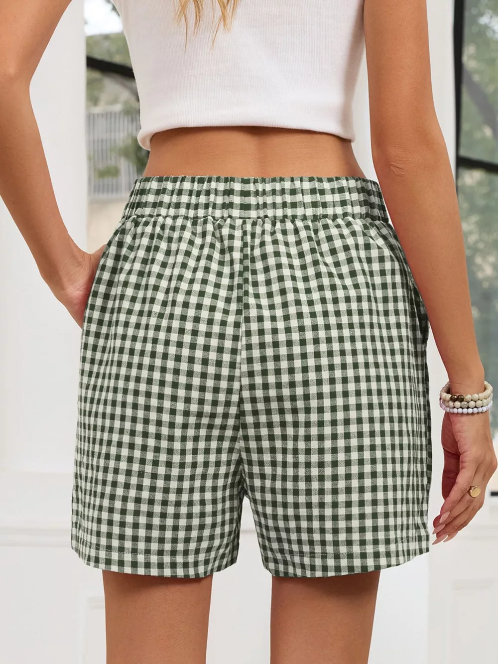 Gingham Elastic Waist Casual Shorts, image 3
