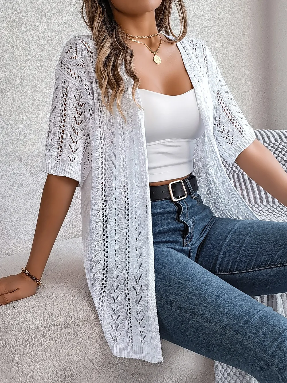 Openwork Open Front Half Sleeve Cardigan, image 4