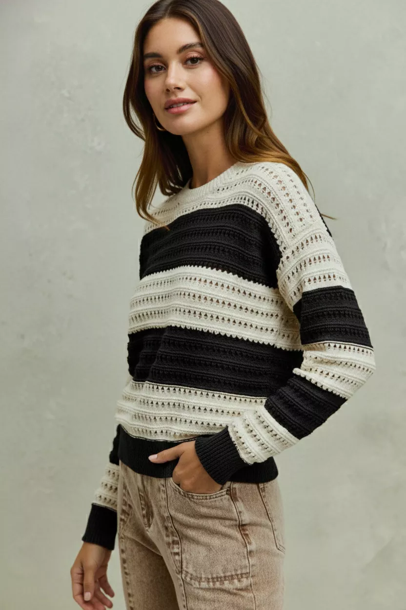 Openwork Round Neck Wide Stripe Textured Sweater, image 3