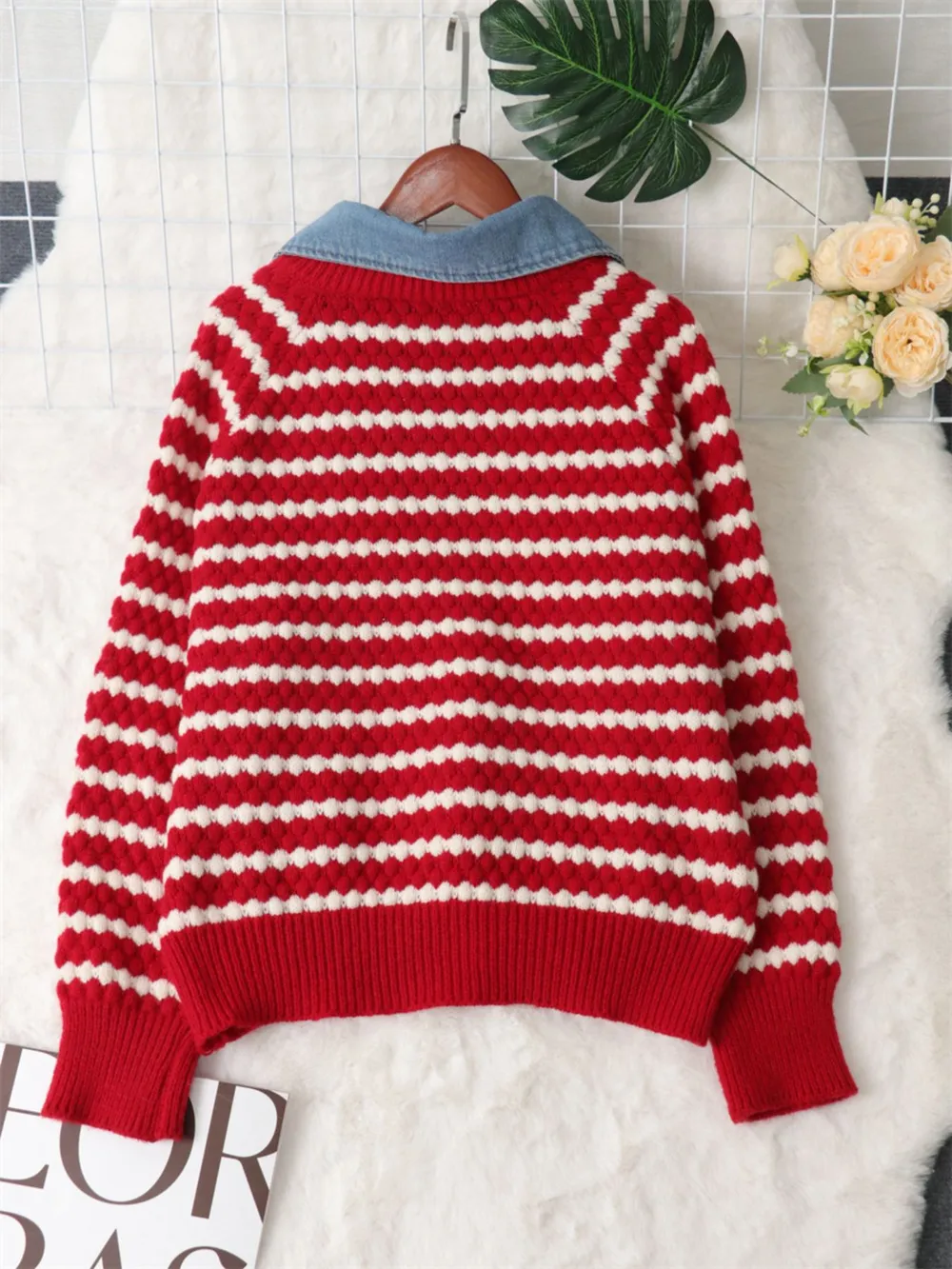Contrast Striped Sweater with Denim Collar, image 12