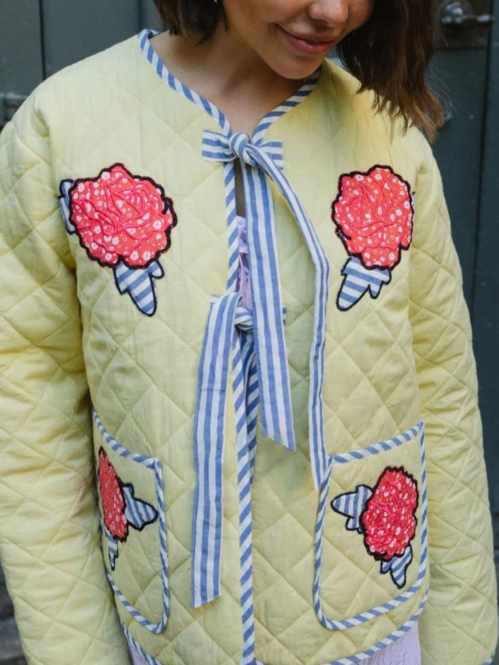 Embroidered Flower Tied Long Sleeve Winter Coat, image 4