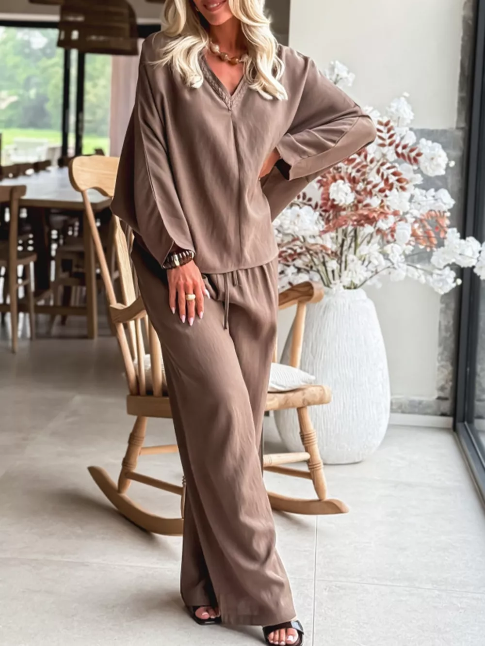 Braided V Neck Long Sleeve Loose Top and Drawstring High Waist Pants 2pcs Outfit, image 3