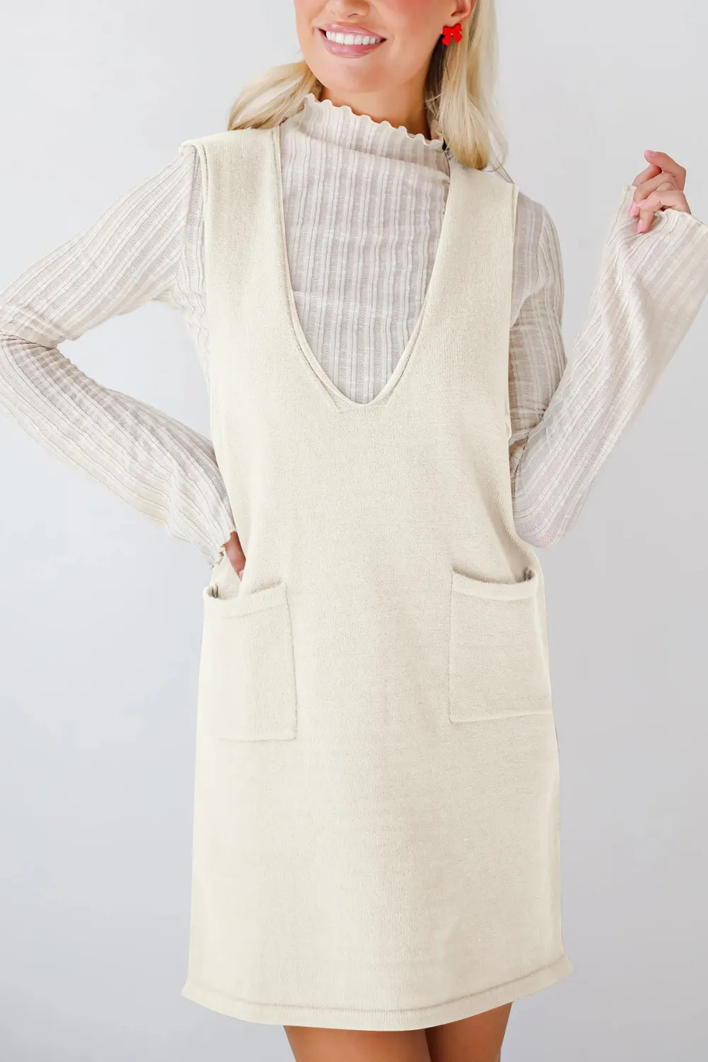 Pocketed V-Neck Mini Sweater Overall Dress, image 14