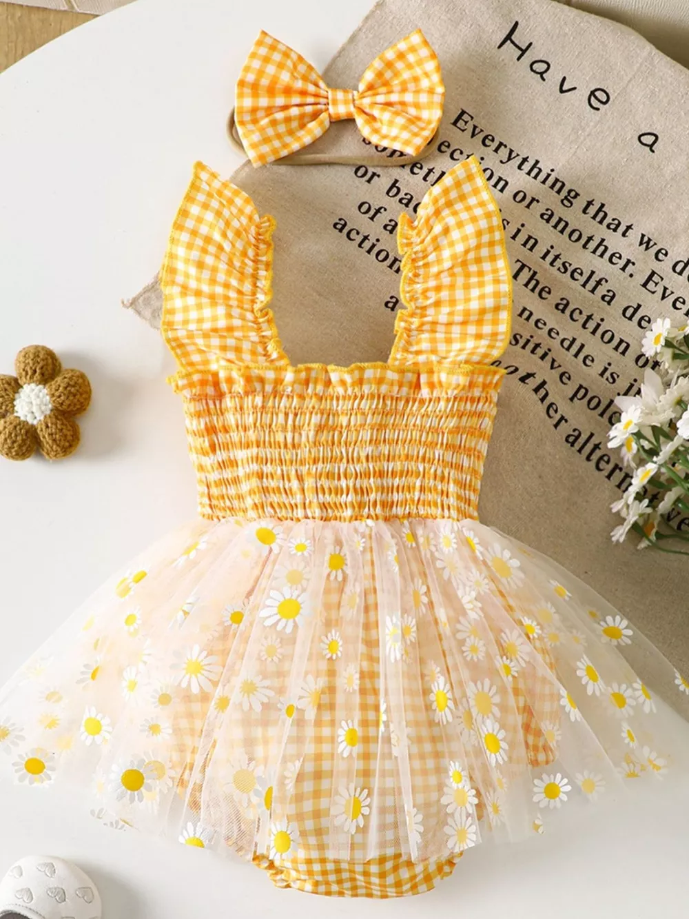 Children's Daisy Gingham Ruffle One-Piece with Headband, image 7