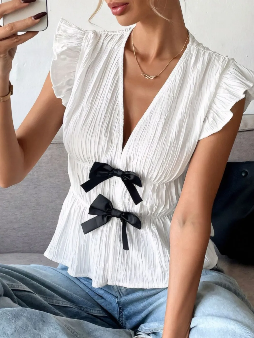 Bow V-Neck Cap Sleeve Blouse, image 3