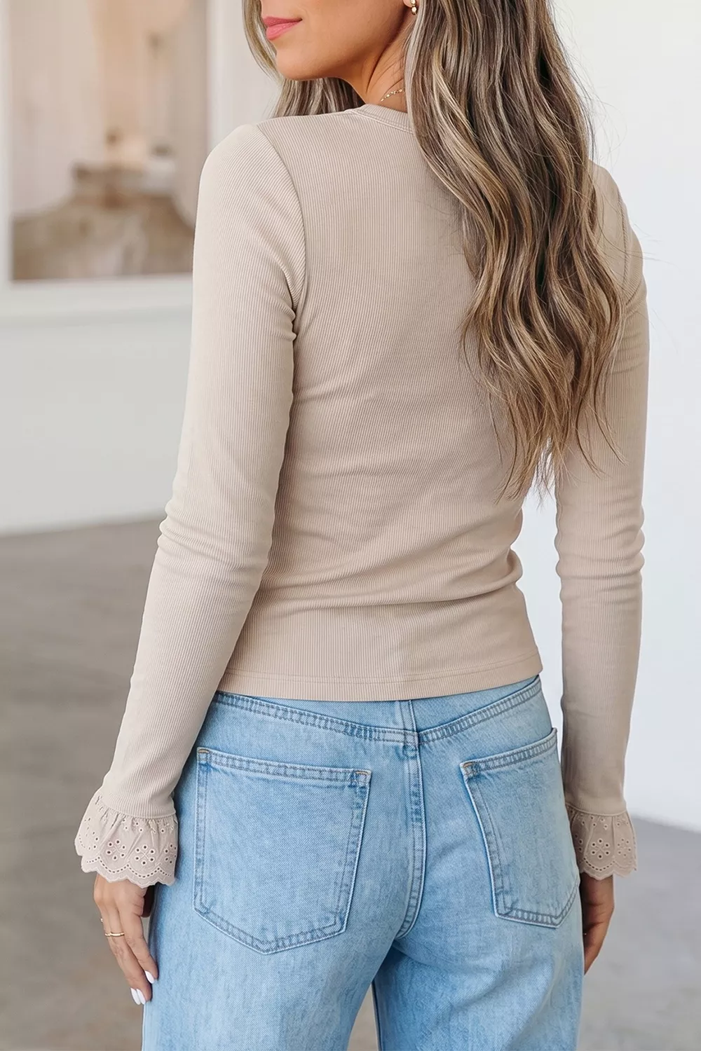 Lace Cuff Patchwork Round Neck Long Sleeve Top, image 2