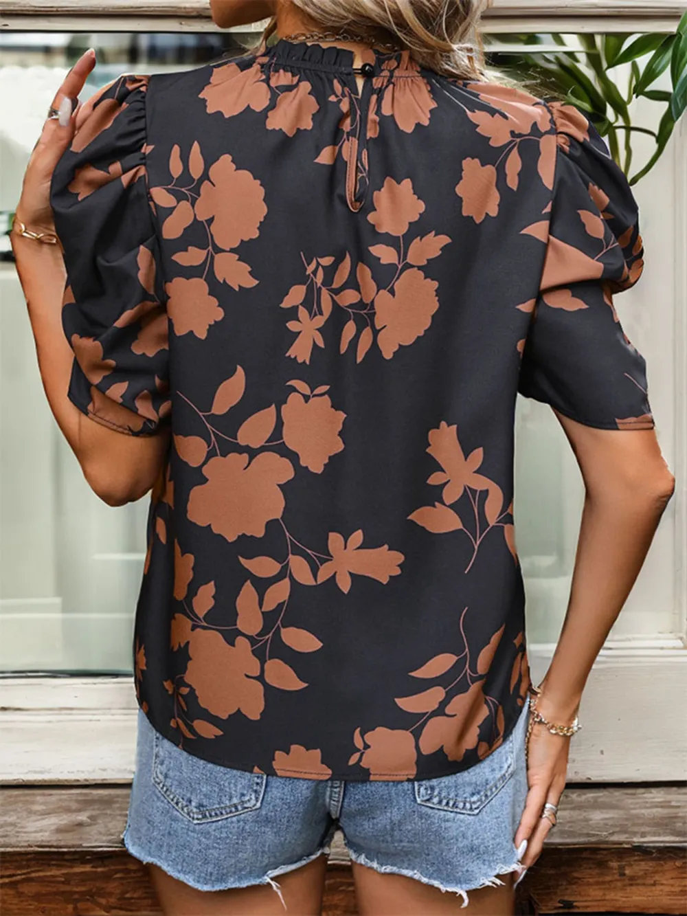 Frill Printed Round Neck Puff Sleeve Blouse, image 2