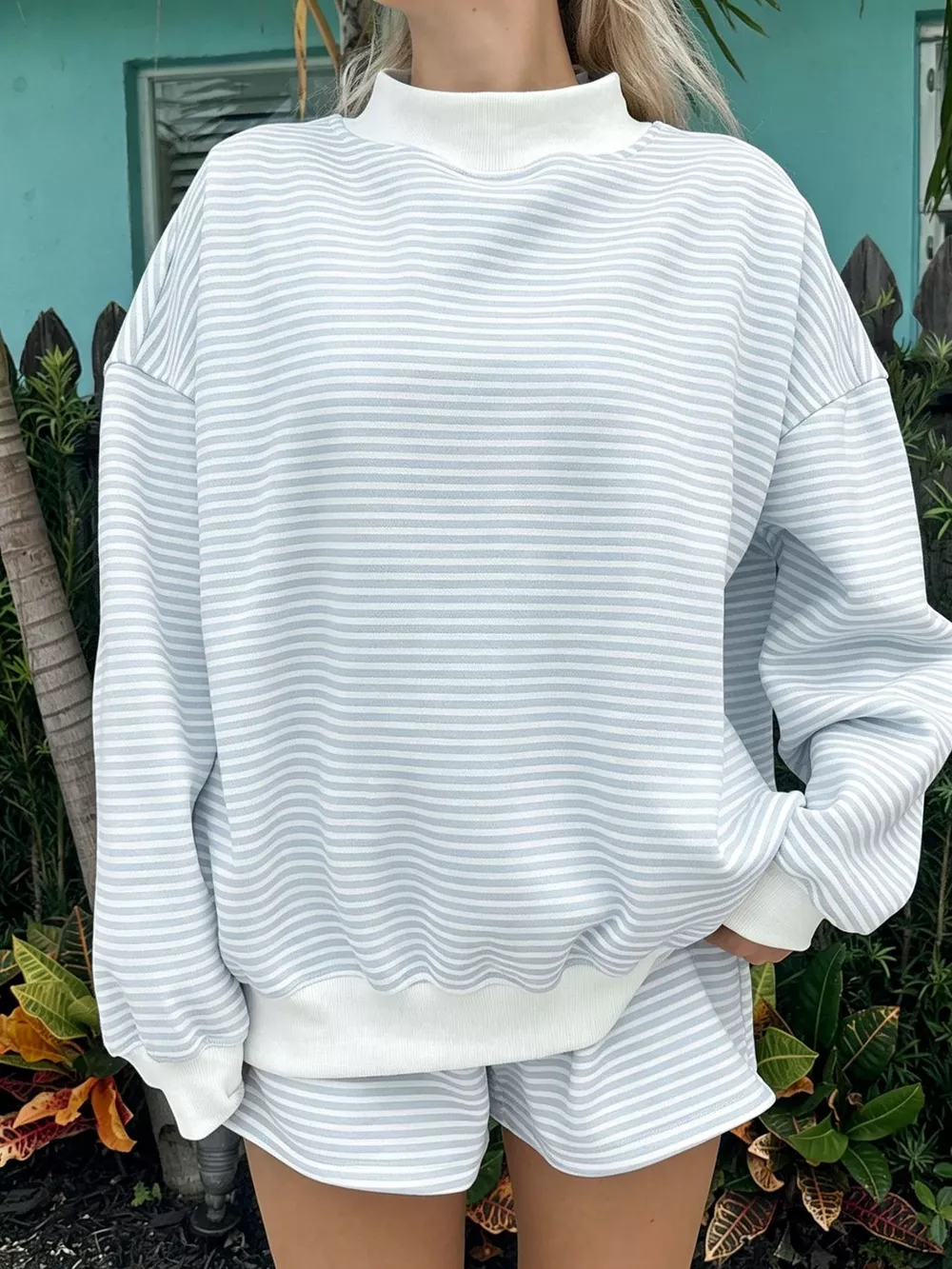 Striped Mock Neck Sweatshirt and Shorts Set, image 8