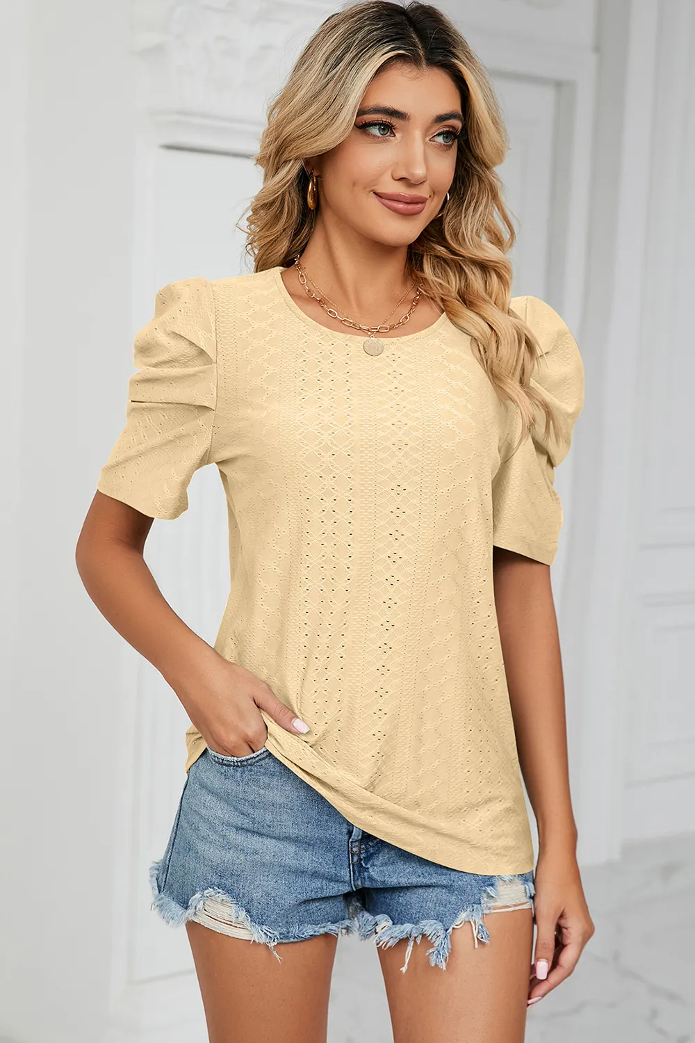 Eyelet Round Neck Puff Sleeve T-Shirt, image 11