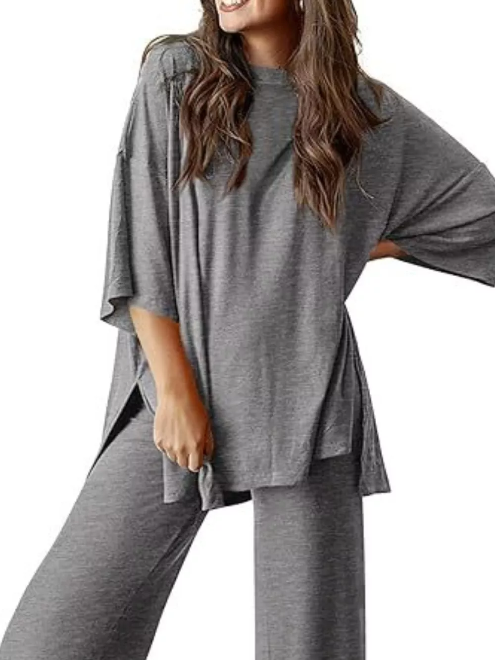 Slit Round Neck Top and Pants Set, image 6