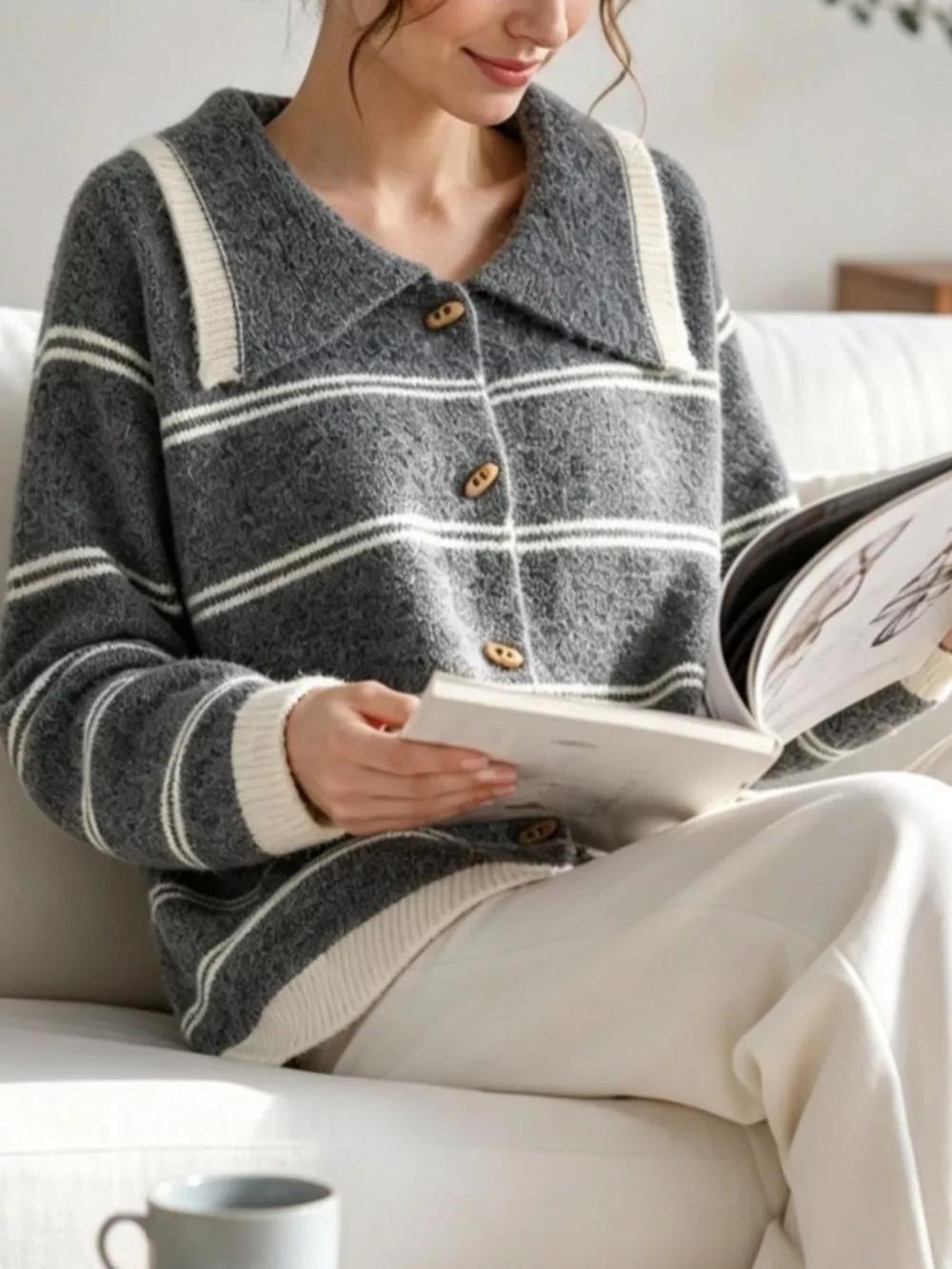 Striped Button-Down Knit Cardigan, image 5