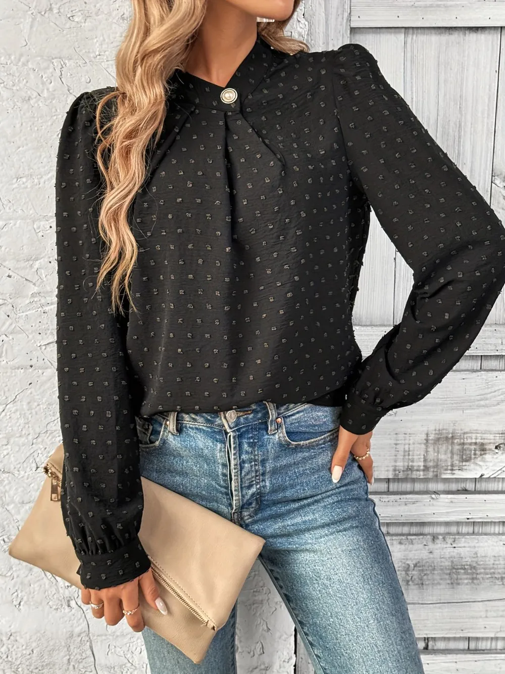 Swiss Dot Mock Neck Long Sleeve Blouse, image 5