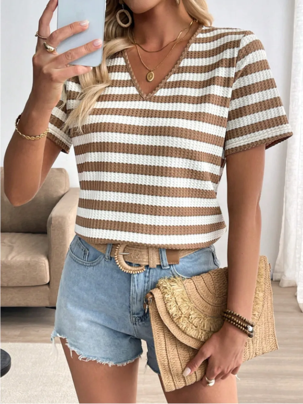 Striped V-Neck Short Sleeve T-Shirt, image 3