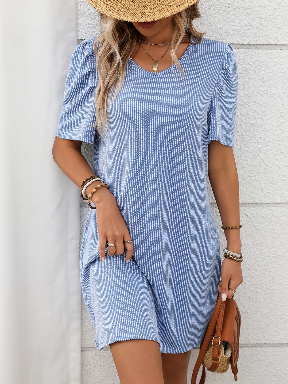 Textured Round Neck Short Sleeve Mini Dress, image 5